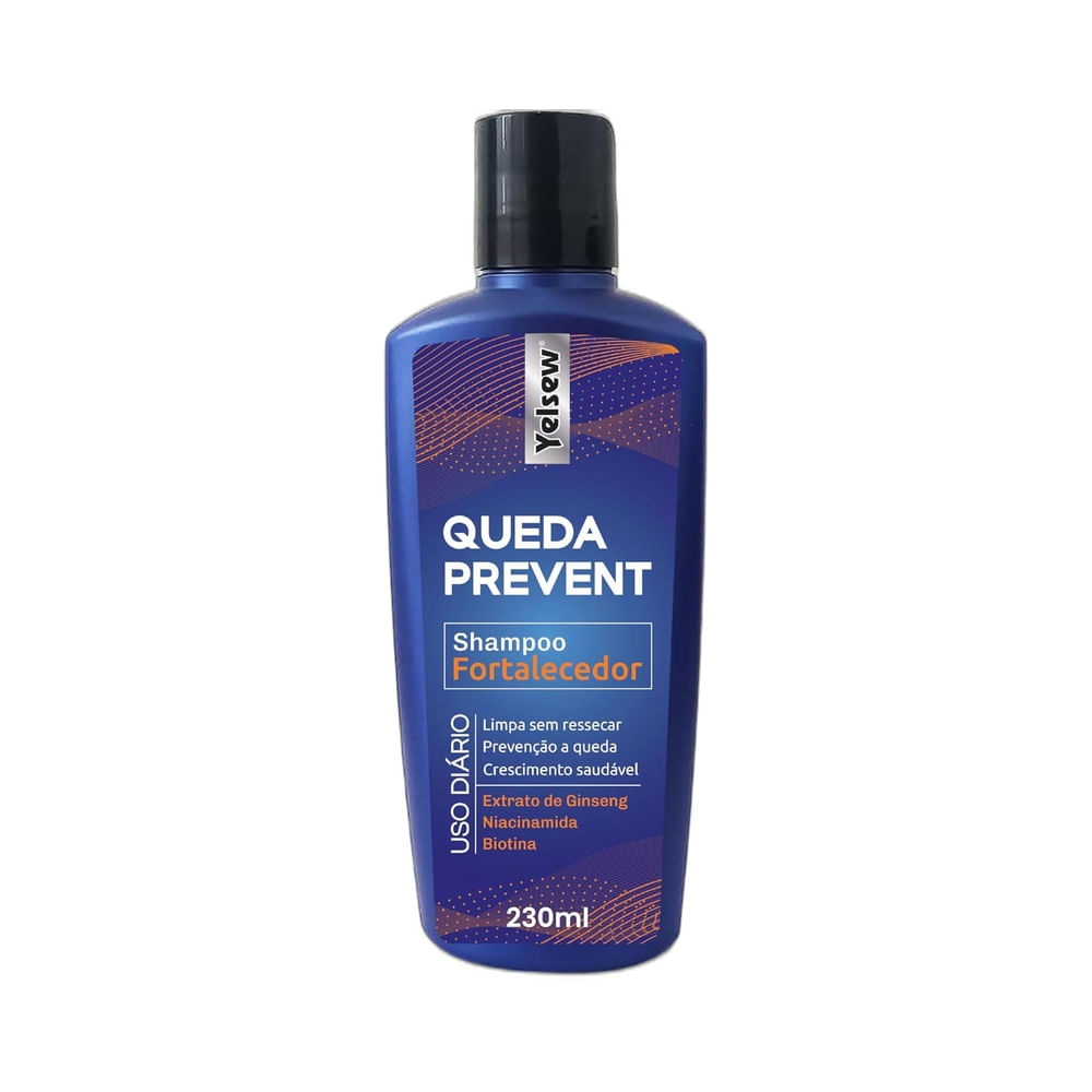 Frasco de shampoo azul com tampa preta e rótulo em destaque
